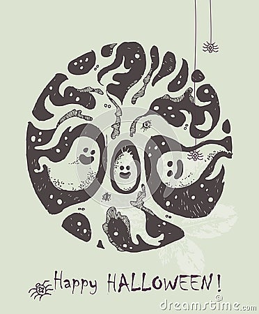 Hand drawn Halloween poster with cute Halloween tree and ghosts. Vector Illustration