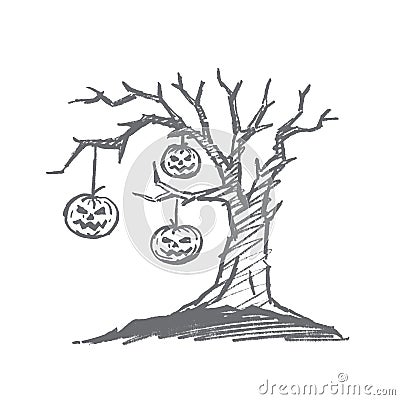 Hand drawn Halloween pumpkin faces hanging on tree Vector Illustration