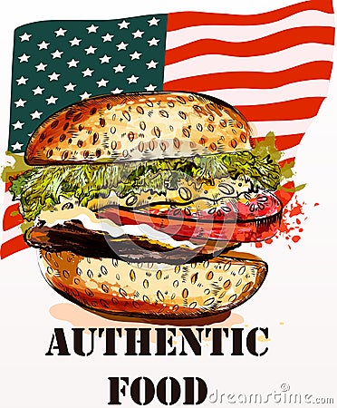 Hand drawn hamburger fresh and tasty on USA flag back.Authentic Stock Photo