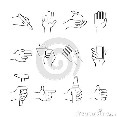 Hand drawn hand icons with tools and other objects Vector Illustration