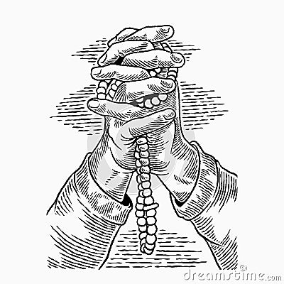 Hand drawn hands folded in praying position. Prayer to god with faith and hope. A man prays, holding a rosary in vintage style. Vector Illustration