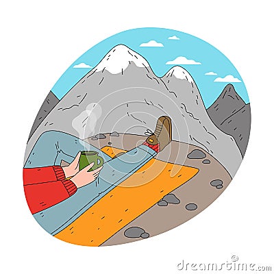 Hands and legs of girl tourist hiker sitting and drinking hot coffee Vector Illustration