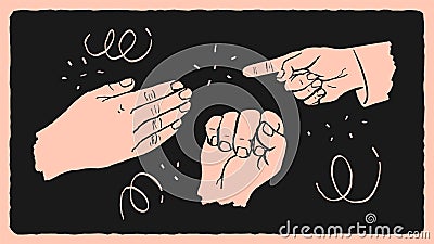 Hand-drawn hands, retro style. Popular gestures pointing with a finger, clenched into a fist, open palm Vector Illustration