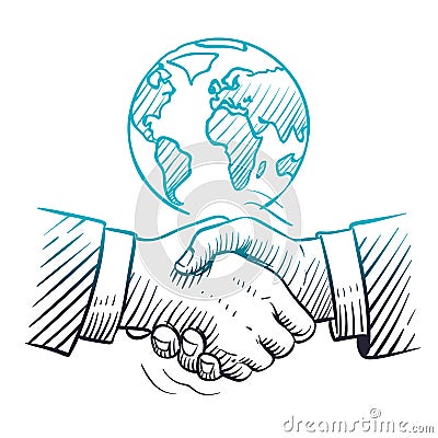 Hand drawn handshake. International business concept with handshaking and globe. Sketch global partnership leadership Vector Illustration