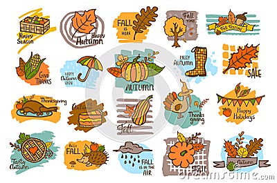 Hand drawn handwritten autumn fall thanksgiving cute cartoon labels greeting cards Vector Illustration