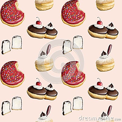 Hand drawn Hanukkah seamless pattern with traditional pastry. Jewish hanuka sufganiyot, chocolate coated marshmallow Stock Photo