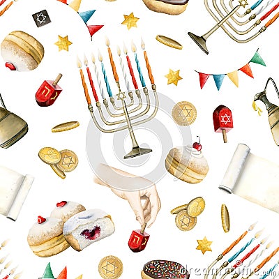Hand drawn Hanukkah watercolor seamless pattern on white with traditional symbols, food and bakery. Jewish holiday donut Stock Photo