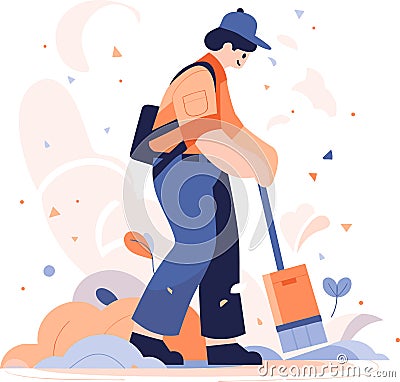 Hand Drawn happy cleaning staff is cleaning the floor in flat style Vector Illustration