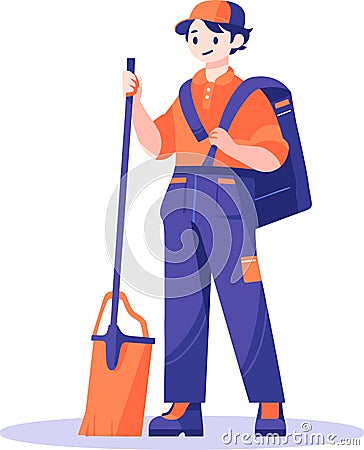 Hand Drawn happy cleaning staff is cleaning the floor in flat style Vector Illustration