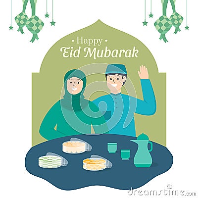 Hand drawn happy family celebrating Eid Mubarak with snack and beverages vector stock Vector Illustration