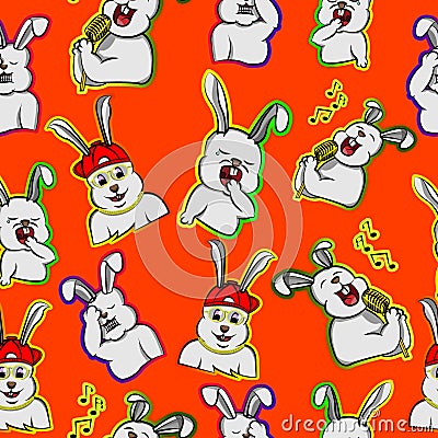 Hand drawn happy rabbit multi expression, funny bunny sing song cartoon seamless pattern with orange background Vector Illustration