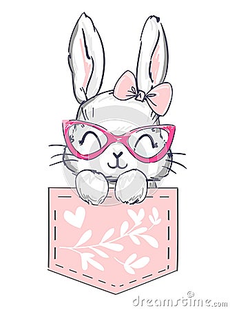 Hand drawn happy rabbit is sitting in a pink pocket with flowers on the white background. Childish print for kids apparel, nursery Stock Photo