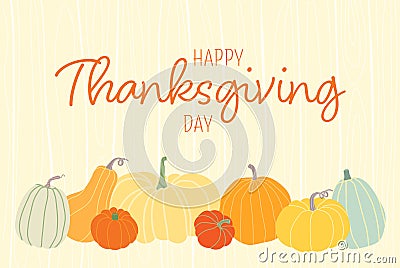 Hand drawn Happy Thanksgiving banner. Celebration text with different pumpkins for postcard, label, poster Vector Illustration