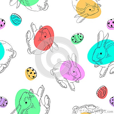 Hand drawn hares with colorful eggs seamless pattern. Vector Illustration