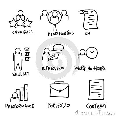 Hand drawn Head Hunting Related Vector Line Icons. Contains such Icons as Candidate, CV, Card Index, Outsource and more. doodle Vector Illustration