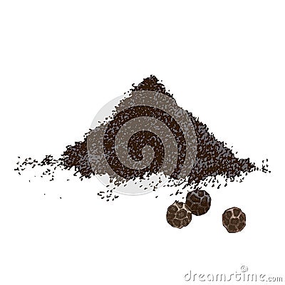 Hand drawn heap of ground pepper and three papppercorns Vector Illustration