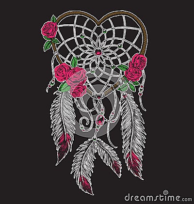Hand drawn heart shaped dream catcher in full color Vector Illustration