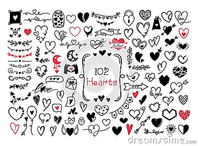Hand drawn hearts huge bundle, Valentine day black and white doodle heart shapes collection, love and romantic theme Vector Illustration