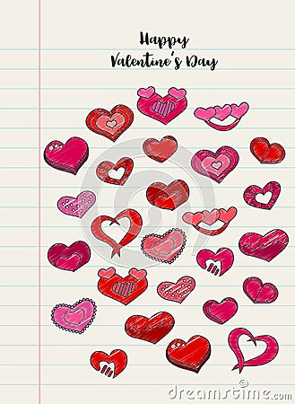 Hand drawn hearts on a notebook lined piece of paper. Valentines day illustration for a love card or invitation. Vector Illustration