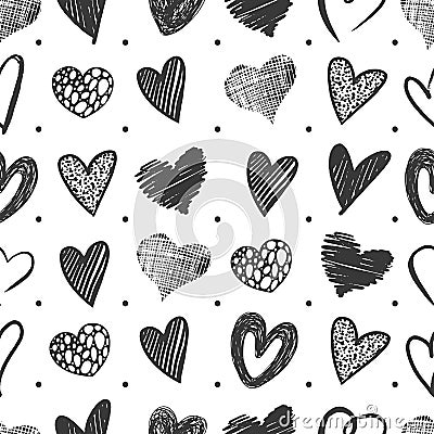 Hand drawn hearts seamless pattern. Heart doodle grunge, romantic textile print. Love ink elements background, vintage Vector Illustration