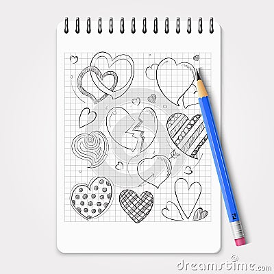 Hand drawn hearts set with realistic pencil and notebook Vector Illustration