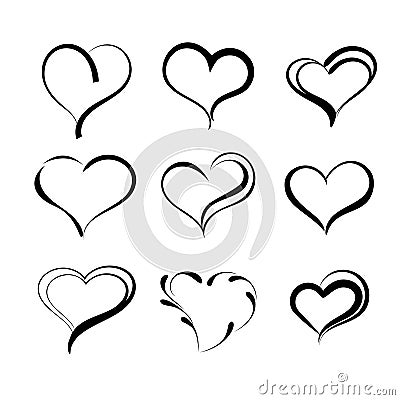 Hand drawn hearts. Set of vector grunge hearts icons. Design elements for Valentine`s day. Vector Illustration