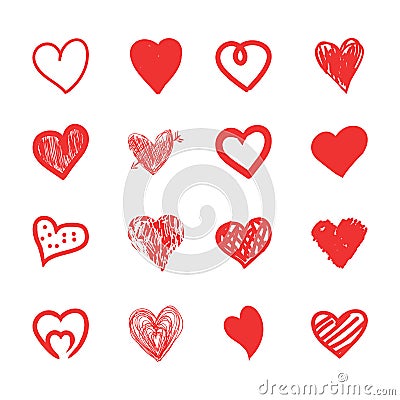 Hand drawn hearts sketch, grunge and doodle set. Isolated red love shapes on white background. Vector Illustration