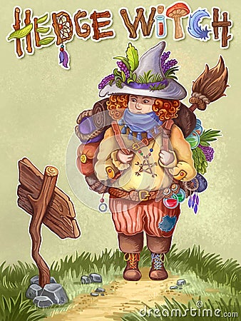 Hand drawn hedgewitch illustration. Green cute backpacker witch concept children image Cartoon Illustration