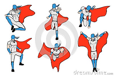 Hand drawn hero models in various poses. Vector Illustration