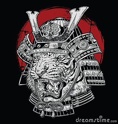 Hand drawn highly detailed Japanese tiger samurai vector illustration on black ground Vector Illustration