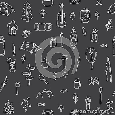 Hand drawn hike seamless pattern. Doodle camping elements. Picnic, travel, hiking and camping Vector Illustration
