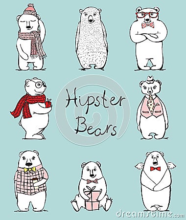 Hand drawn hipster big and small bears set Vector Illustration