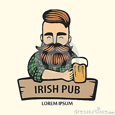 Hand-drawn hipster dude with mustache, beard with beer. Man with glass of alcohol. Vector logo. Stickers, logo, Emblem Vector Illustration