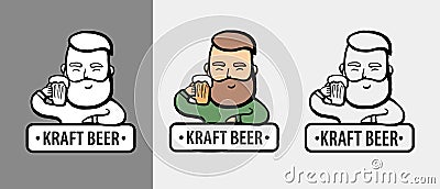 Hand-drawn hipster dude with mustache, beard with beer. Man with glass of alcohol. Vector logo. Stickers, logo, Emblem Vector Illustration