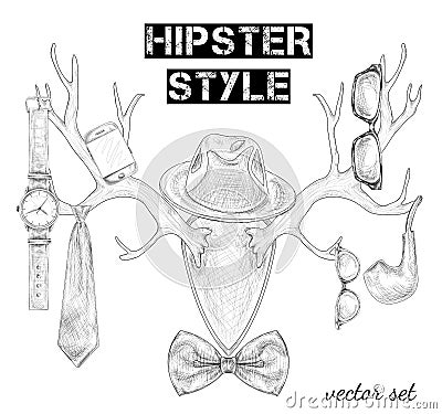 Hand drawn hipster style accessory set Vector Illustration