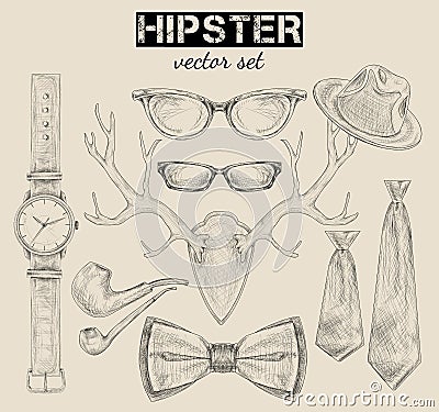 Hand drawn hipster style accessory set Vector Illustration