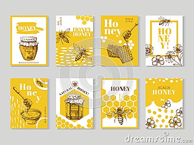 Hand drawn honey posters. Natural honey packaging with bee, honeycomb and hive vector design Vector Illustration