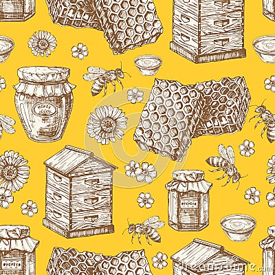 Hand drawn honey seamless pattern with jars, bee, flowers and beehive Vector Illustration