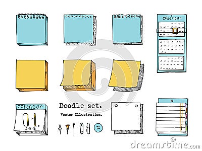 Hand drawn doodle vector set of sticky note, paper sheet, pack of paper, calendar, notepad page with pin, binder. Cartoon style il Vector Illustration
