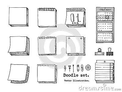 Vector Set of Doodle sticky note, paper sheet, pack of paper, calendar, pin, binder. Sketch Office stuff. Hand drawn doodle vector Vector Illustration