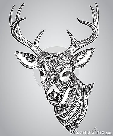 Hand drawn horned deer with high details ornament Cartoon Illustration