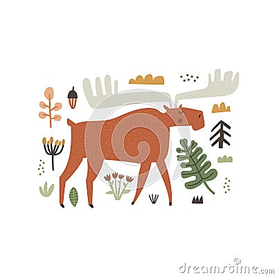 Hand drawn horned moose character and forest Vector Illustration