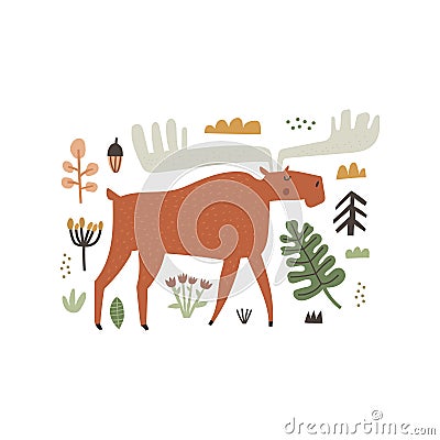 Hand drawn horned moose character and forest plants isolated on white background Vector Illustration