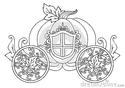 Hand drawn horse carriage of pumpkin with ornament isolated on white for a poster or card for the holiday Halloween or thanksgivin Vector Illustration