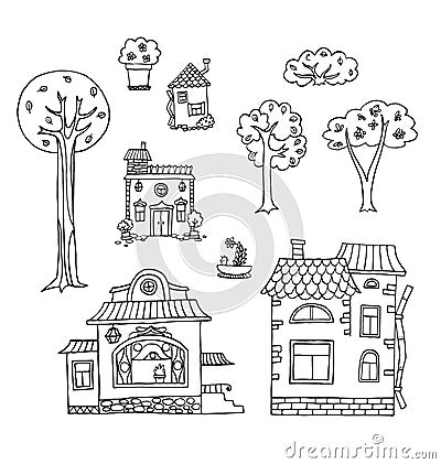 Hand-drawn house and tree doodles. Vector collection. Vector Illustration