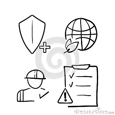 Hand drawn HSE concept, occupational safety and health administration, production factory and environment, medical insurance, Vector Illustration