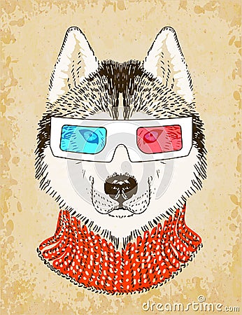 Hand Drawn Husky Dog with 3d Glasses. Vector illustration, eps10. Vector Illustration