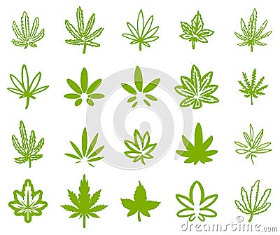 Hand drawn icon illustration set of green hemp cannabis leaf Cartoon Illustration