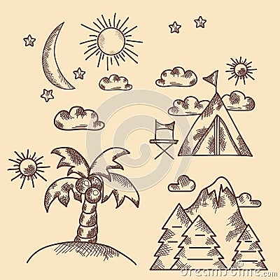 Hand drawn icon set. Vintage. Types of recreation, nature, palm tree, mountain. Collection of vector pictures. Vector Illustration