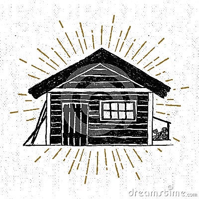 Hand drawn icon with a textured wooden cabin vector illustration Vector Illustration
